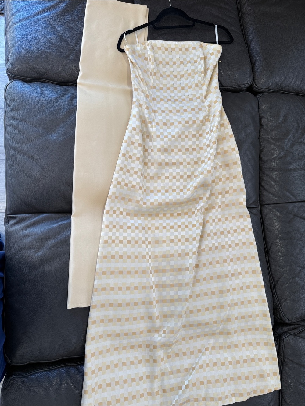 Jessica McClintock Strapless Checkerboard Dress in Cream and Ivory